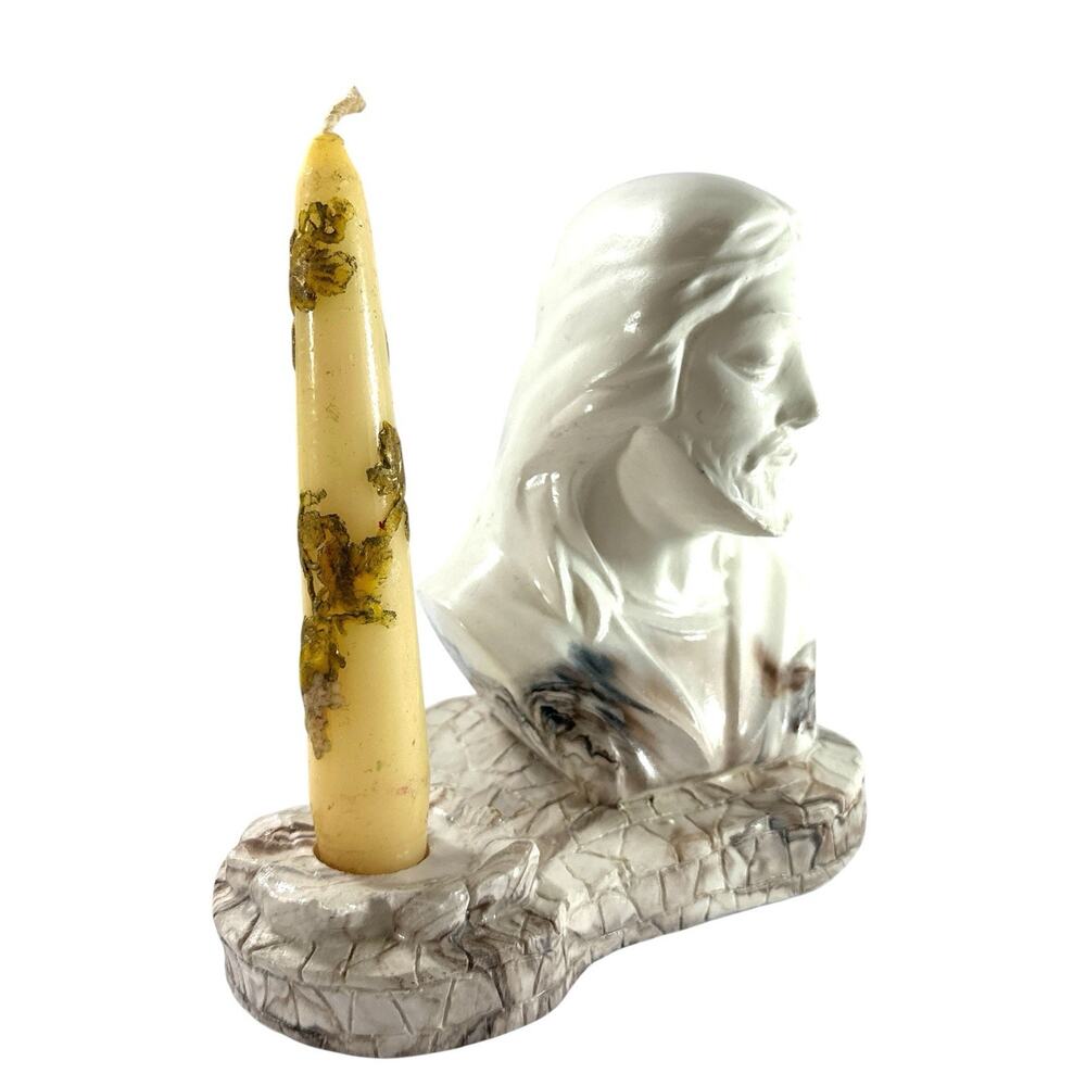 Vintage Jesus Bust Candle Holder Marbled Ceramic Religious Figurine 7” Devotion - Picture 4 of 8